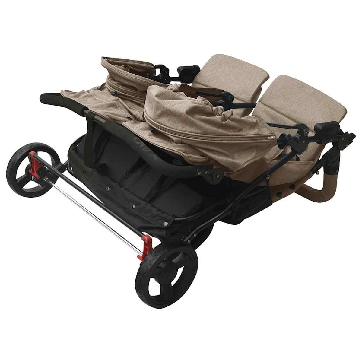 Ein Zwillingskinderwagen mit zwei Sitzen, in Beige und Schwarz. Räder sichtbar.