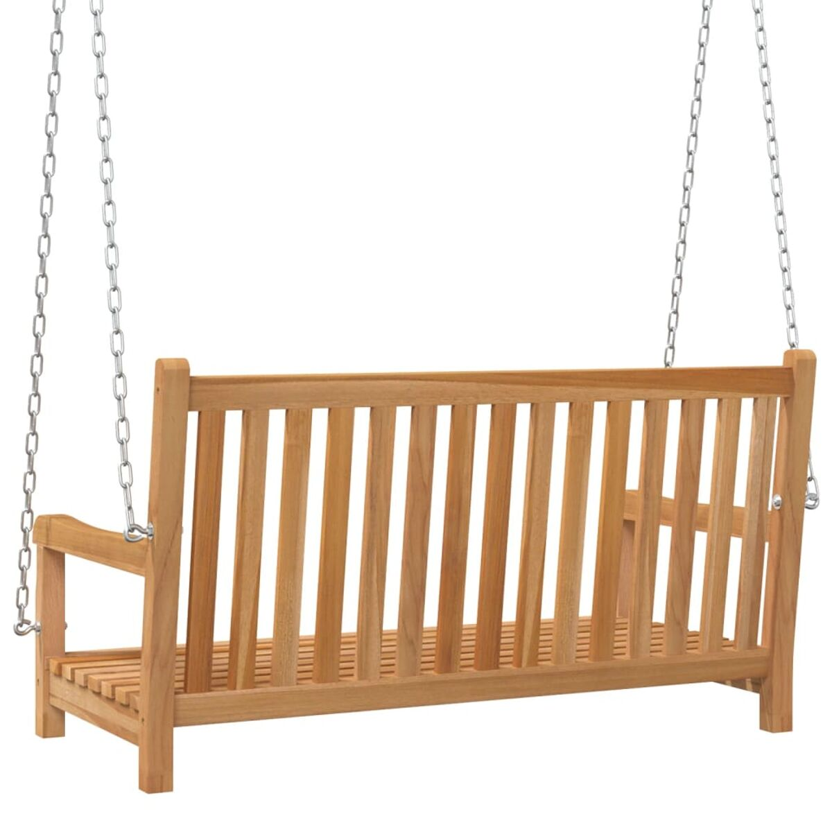 Schaukelbank aus Holz, die an Ketten hängt.