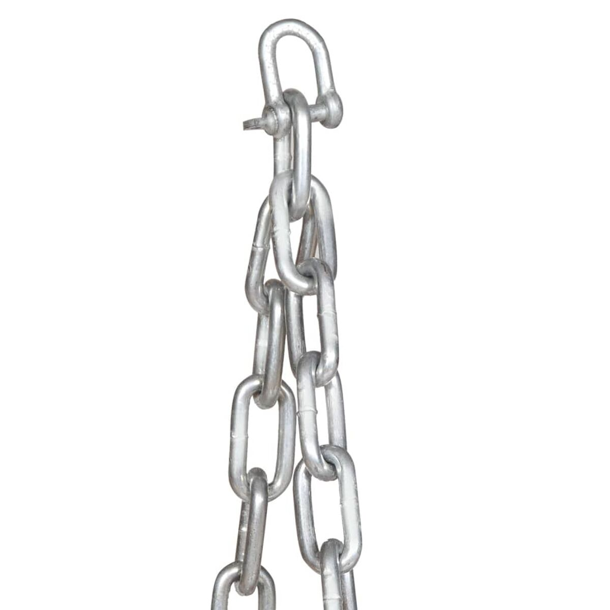 Nahaufnahme von Metallketten. Die Ketten sind silberfarben und durch Glieder verbunden, mit U-förmigem Verbinder oben.