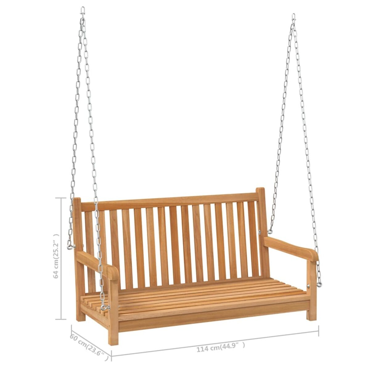 Eine Holzschaukelbank mit Maßen. Sie hat vertikale Rückenleisten und Ketten.