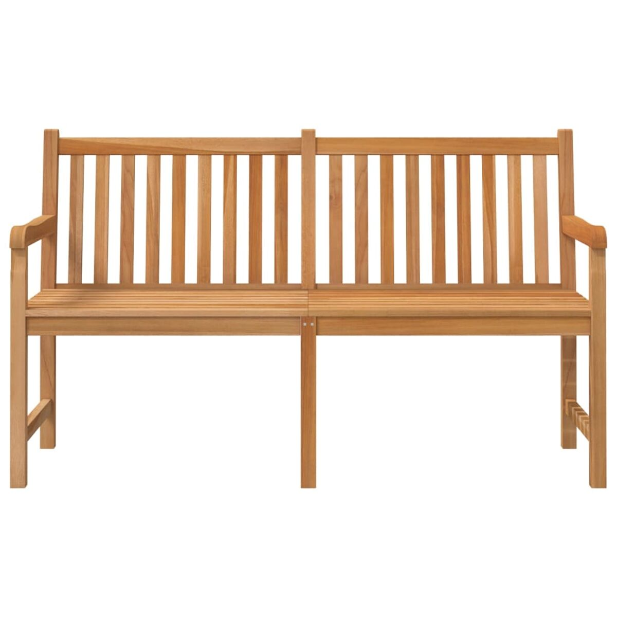 Holzbank mit Lattenrücken und Sitzfläche, ohne Armlehnen und mit Holzbeinen.
