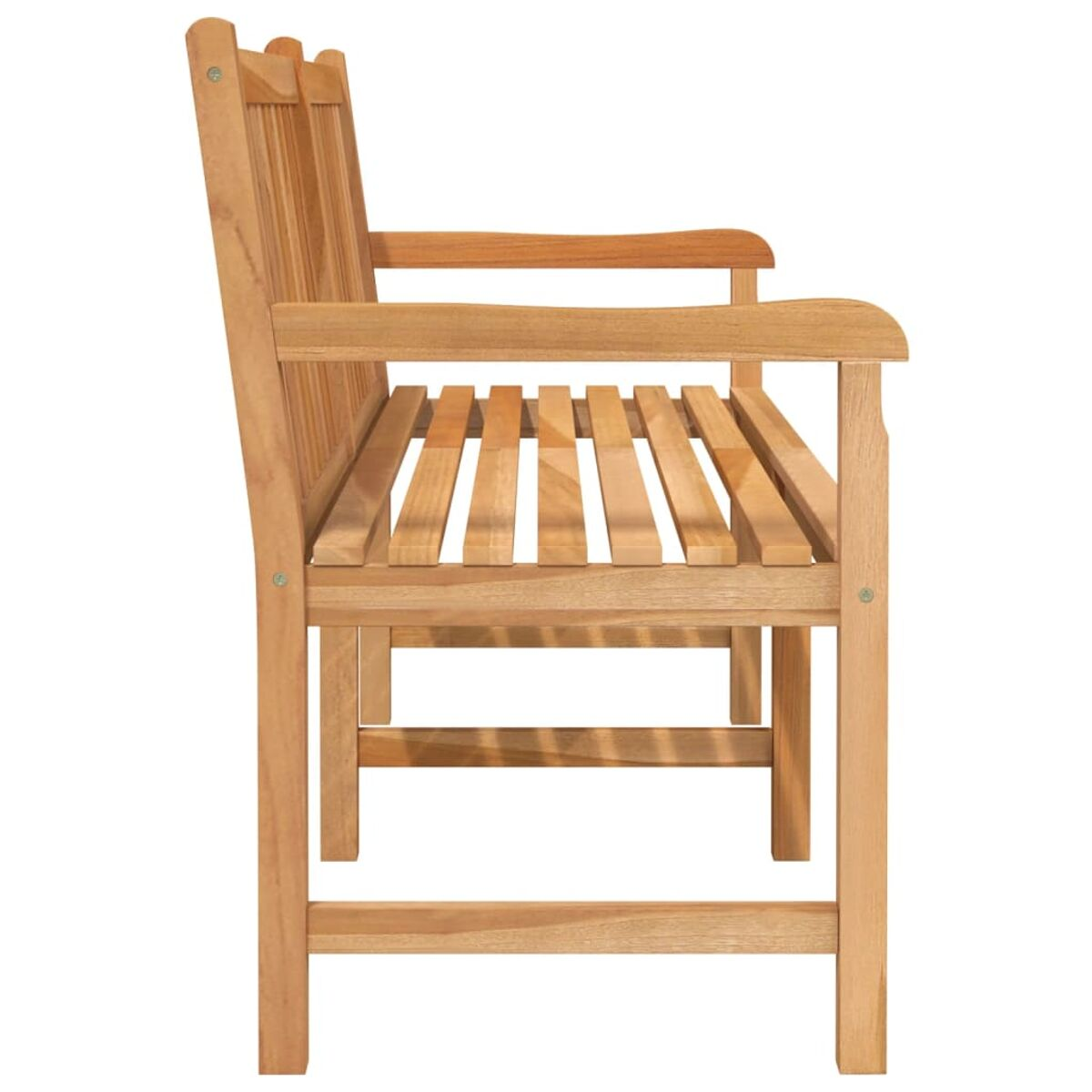 Seitenansicht einer Holzbank. Sie hat eine Rückenlehne, Armlehnen und eine Sitzfläche.
