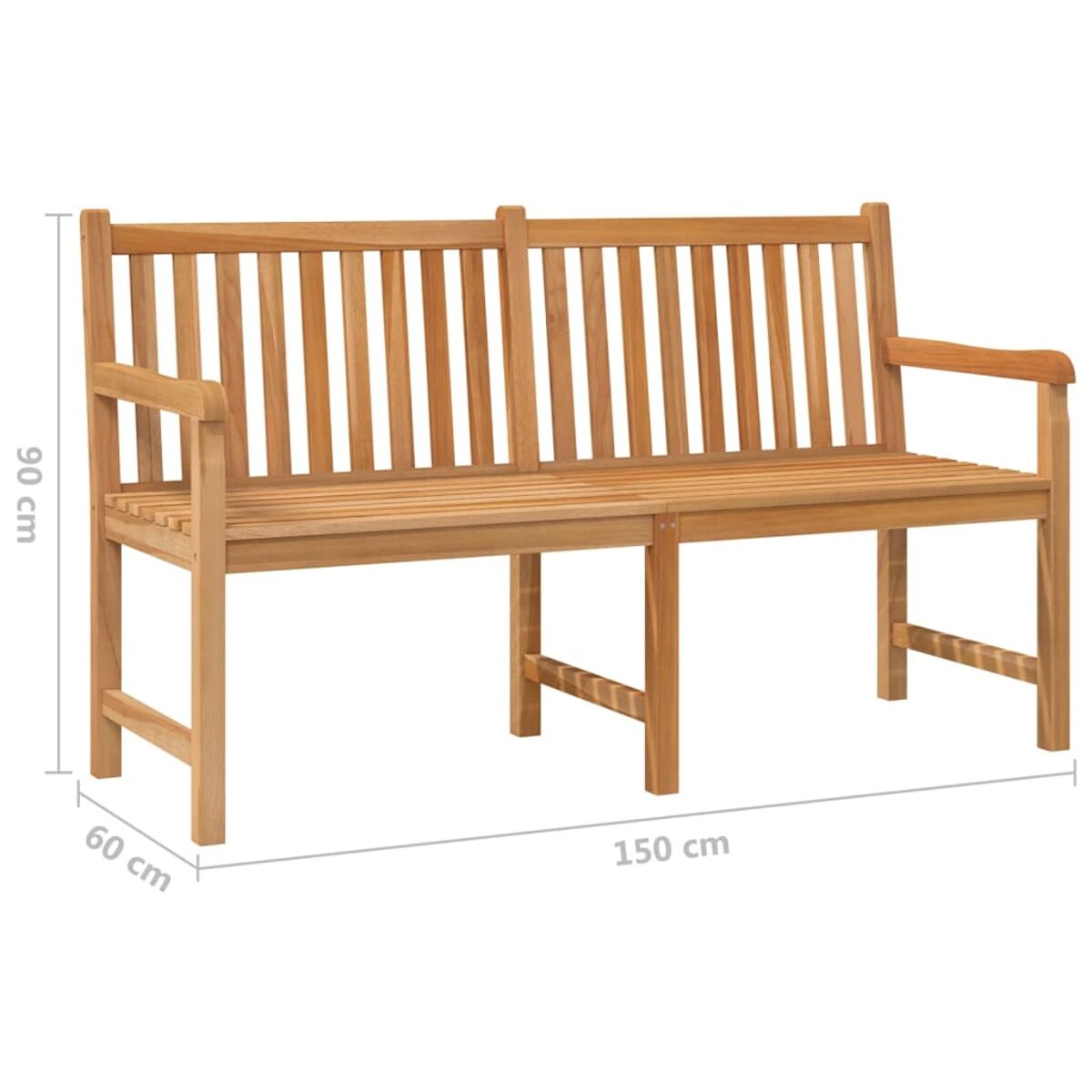 Holzbank mit den Maßen 150x90x60 cm, isoliert auf weißem Hintergrund.
