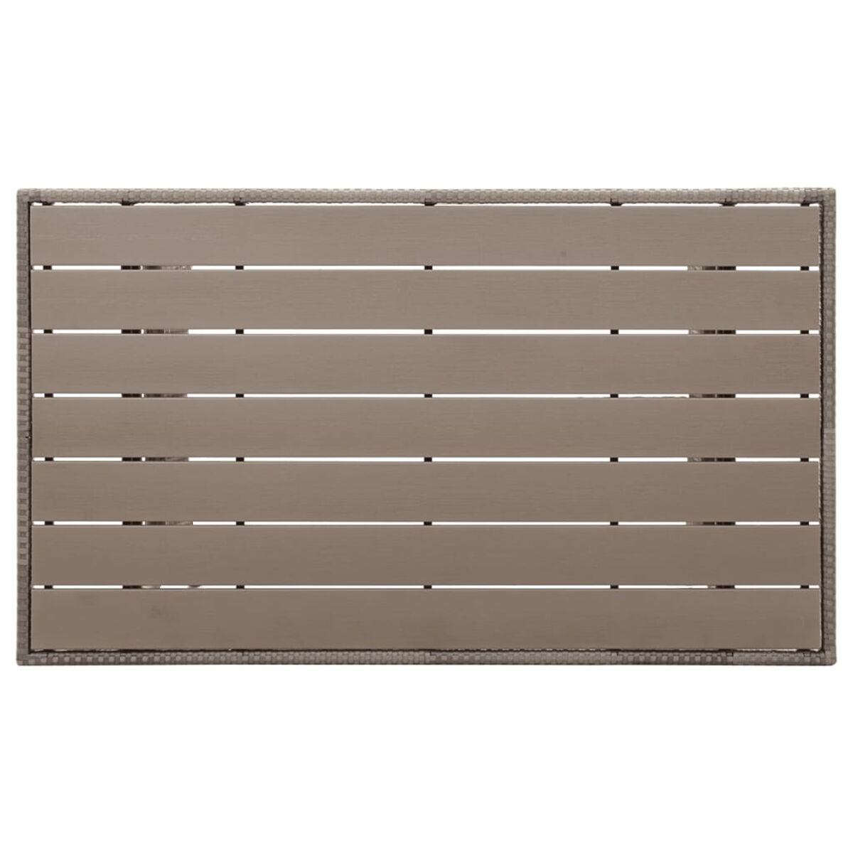 Tischplatte aus Holz. Braune Holzlatten mit Rattan-Umrandung. Rechteckige Form. Neutrale Farbpalette.