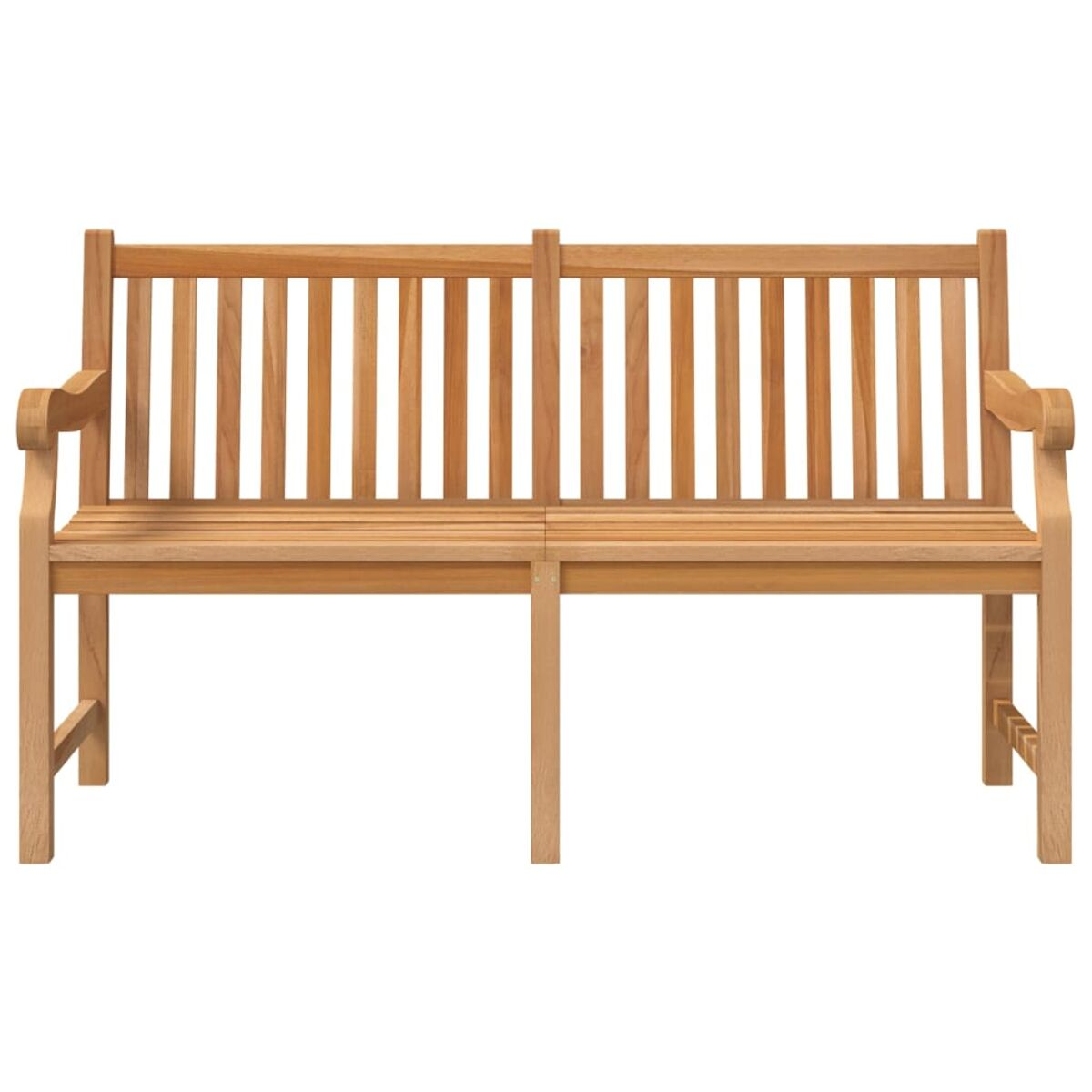 Gartenbank aus Holz auf weißem Hintergrund, Lattenrücken und Sitz.