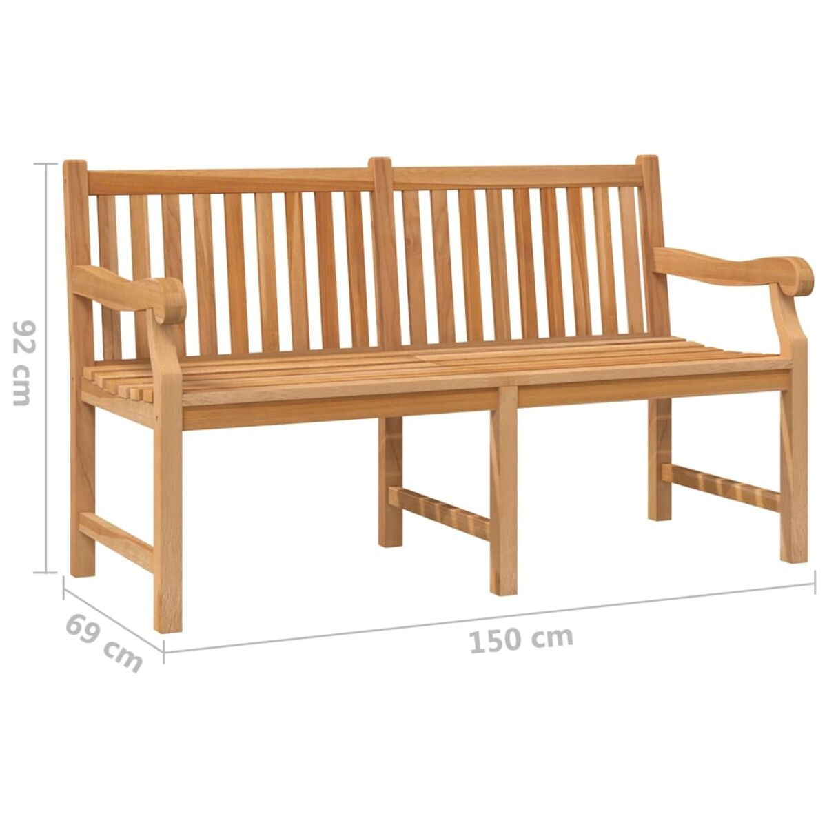 Eine Holzbank mit Abmessungen, aus Lamellen gefertigt.