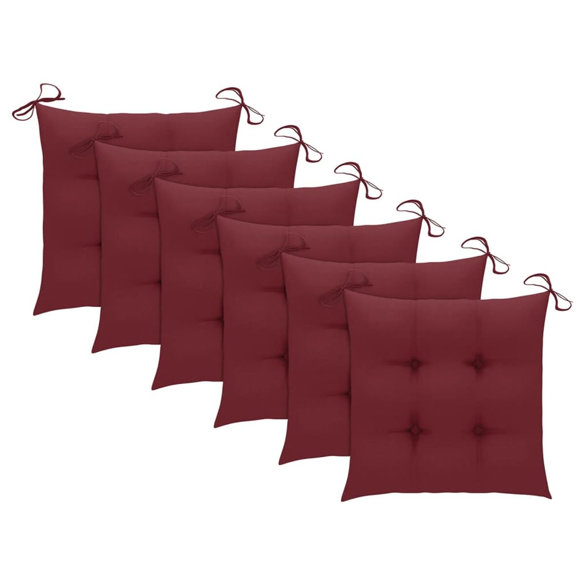 Sechs rote Sitzkissen mit Bindebändern. Die Kissen sind quadratisch mit Knopfdetails.