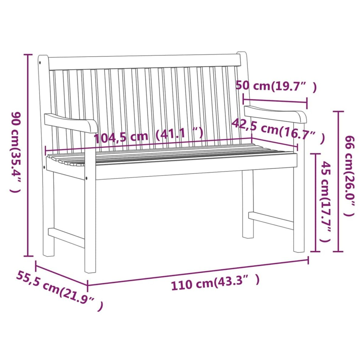 Holzbank mit Maßen. Sie hat Rückenlehne, Armlehnen. Ein Diagramm zeigt die Maße.