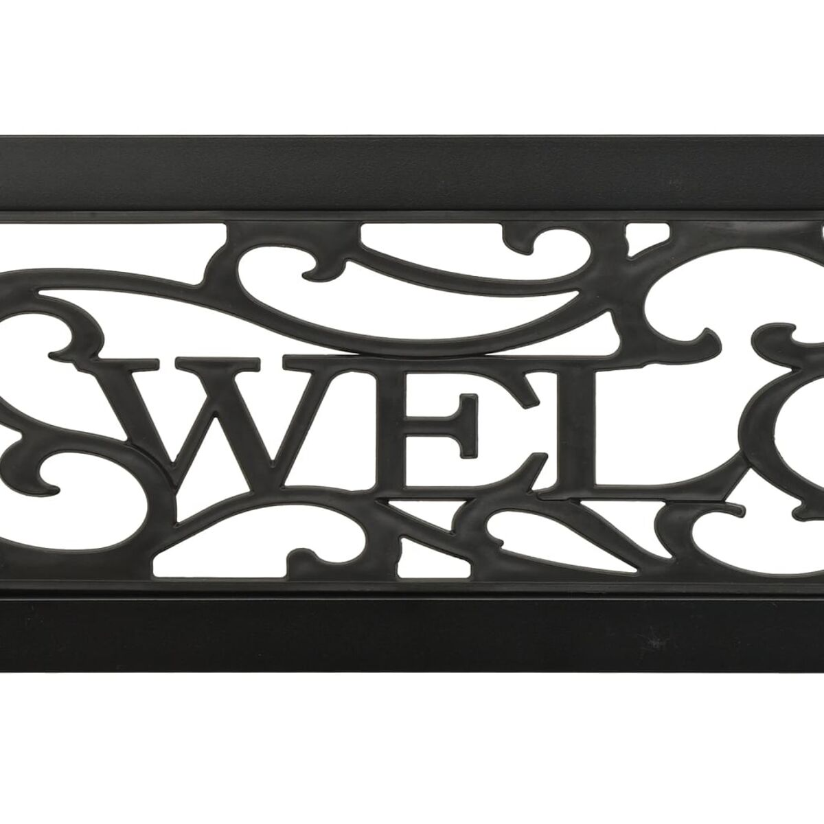 Schwarze Metall-Willkommensmatte mit weißem Hintergrund.