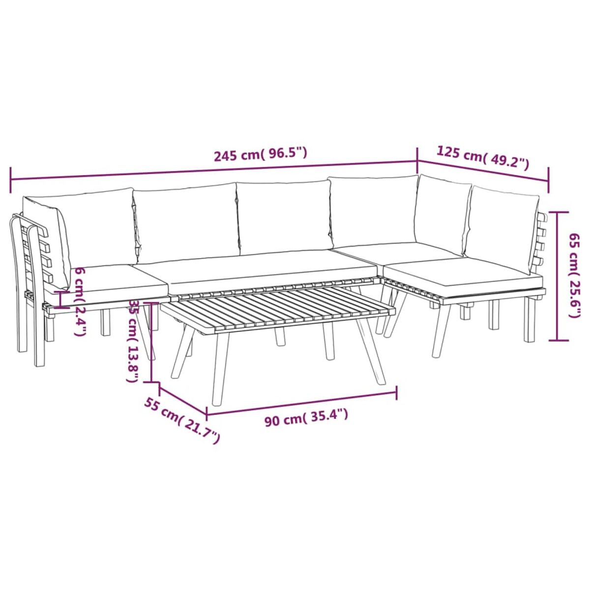 L-förmiges Outdoor-Sofaset mit Couchtisch. Abmessungen sind angegeben. Weißer Hintergrund.