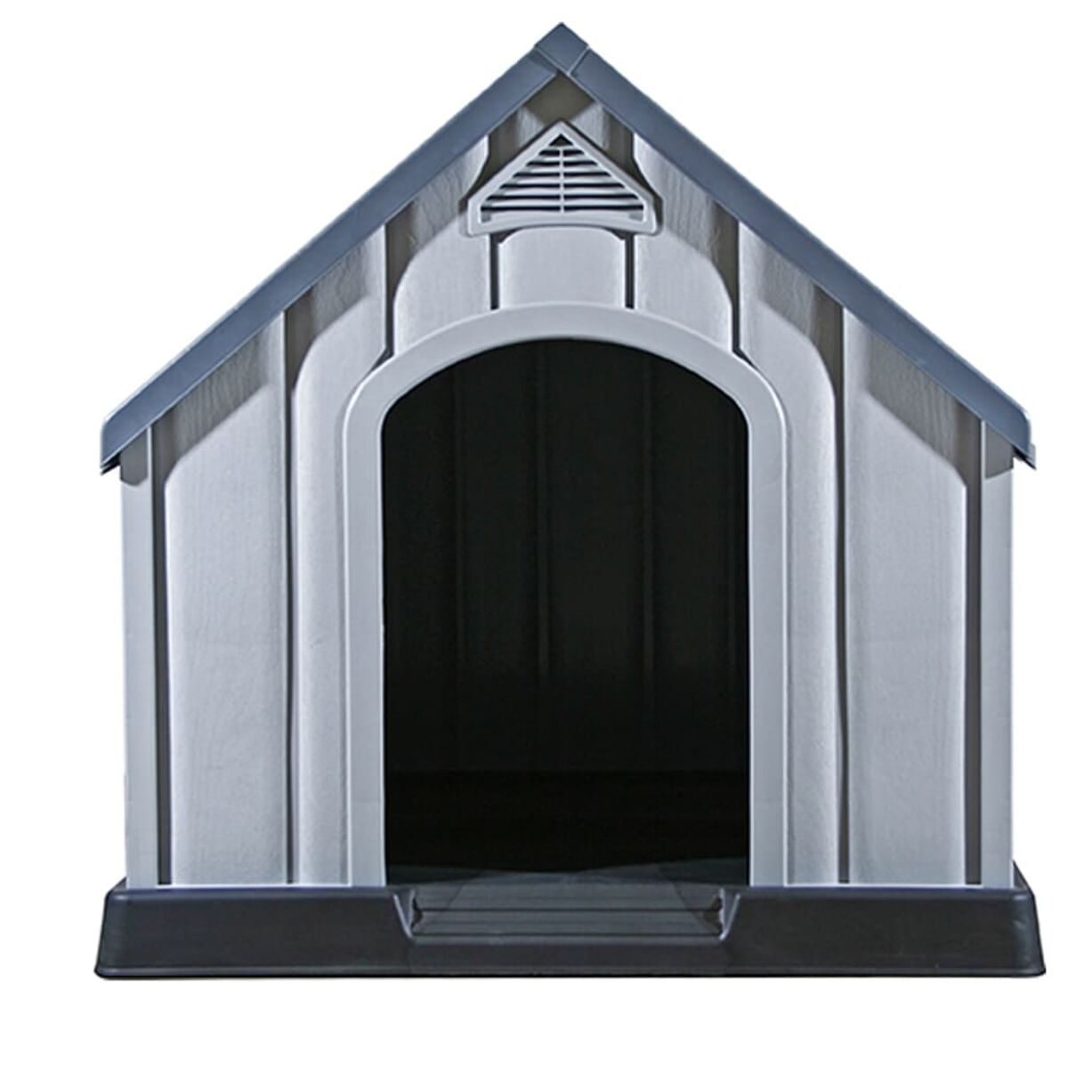 Graues Hundehütte mit einem gewölbten Türrahmen. Das Dach ist grau, der Hintergrund weiß.