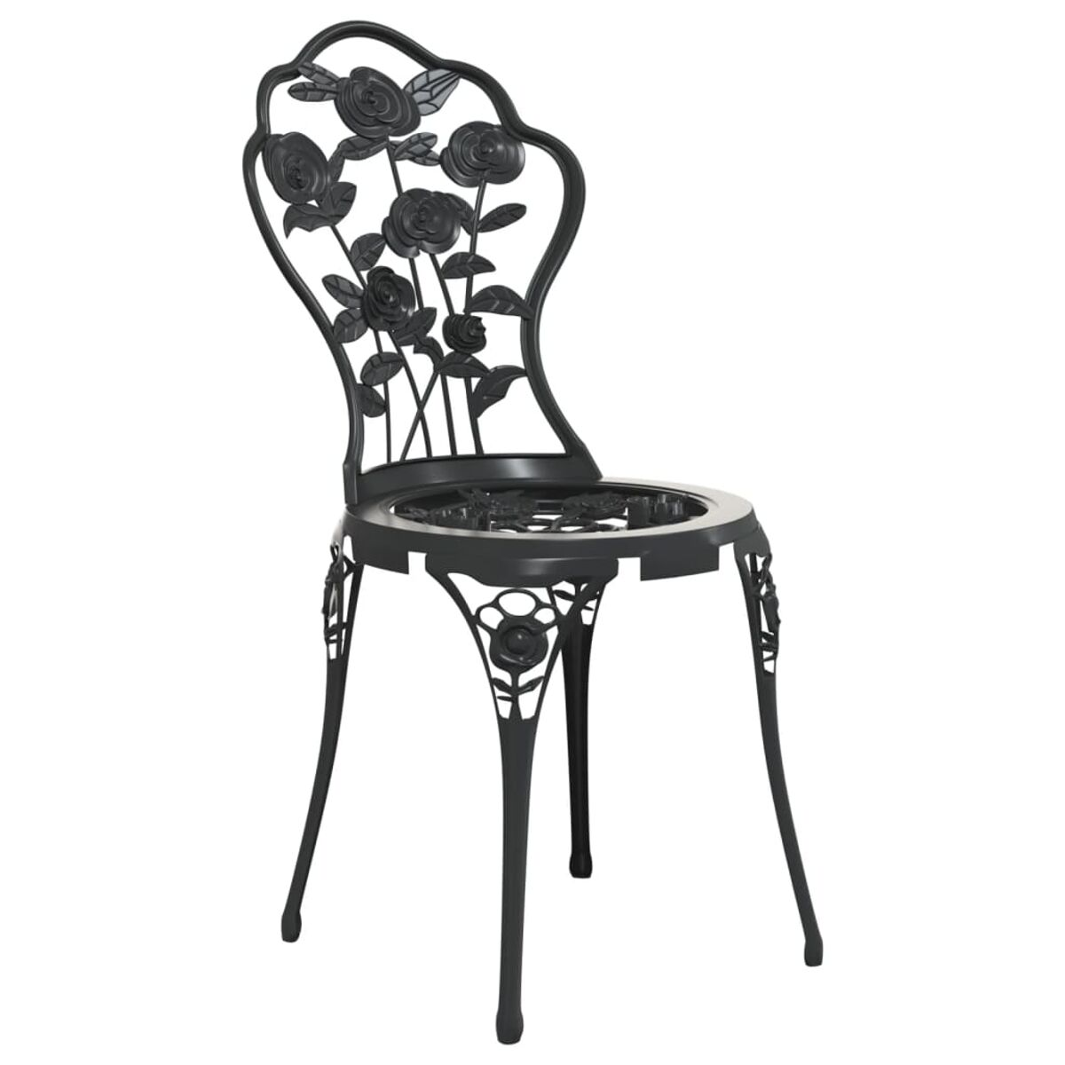 Schwarzer Metallstuhl mit Rosendesign. Weißer Hintergrund.