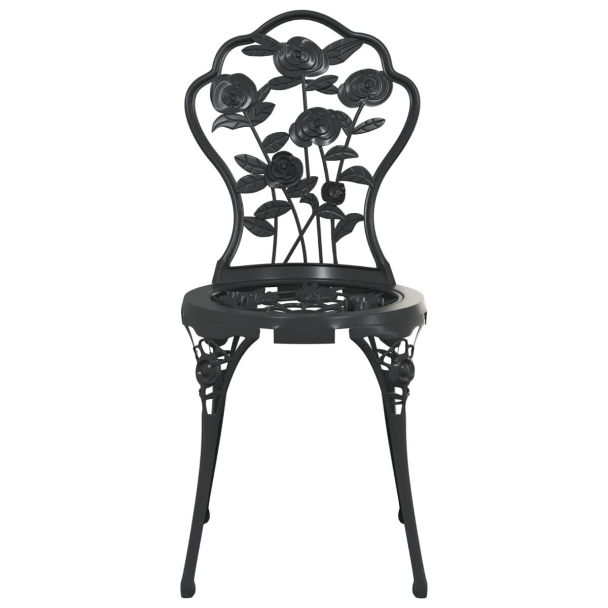 Schwarzer Metallstuhl mit Rosenmuster. Detailliertes Rosenmuster, offene Rückenlehne, schwarze Farbe. Weißer Hintergrund.
