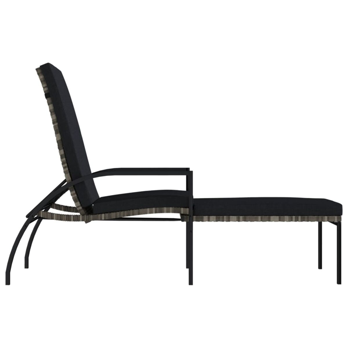 Schwarze Chaiselongue mit hohem Rücken und Armlehne. Sie ist auf weißem Hintergrund platziert.