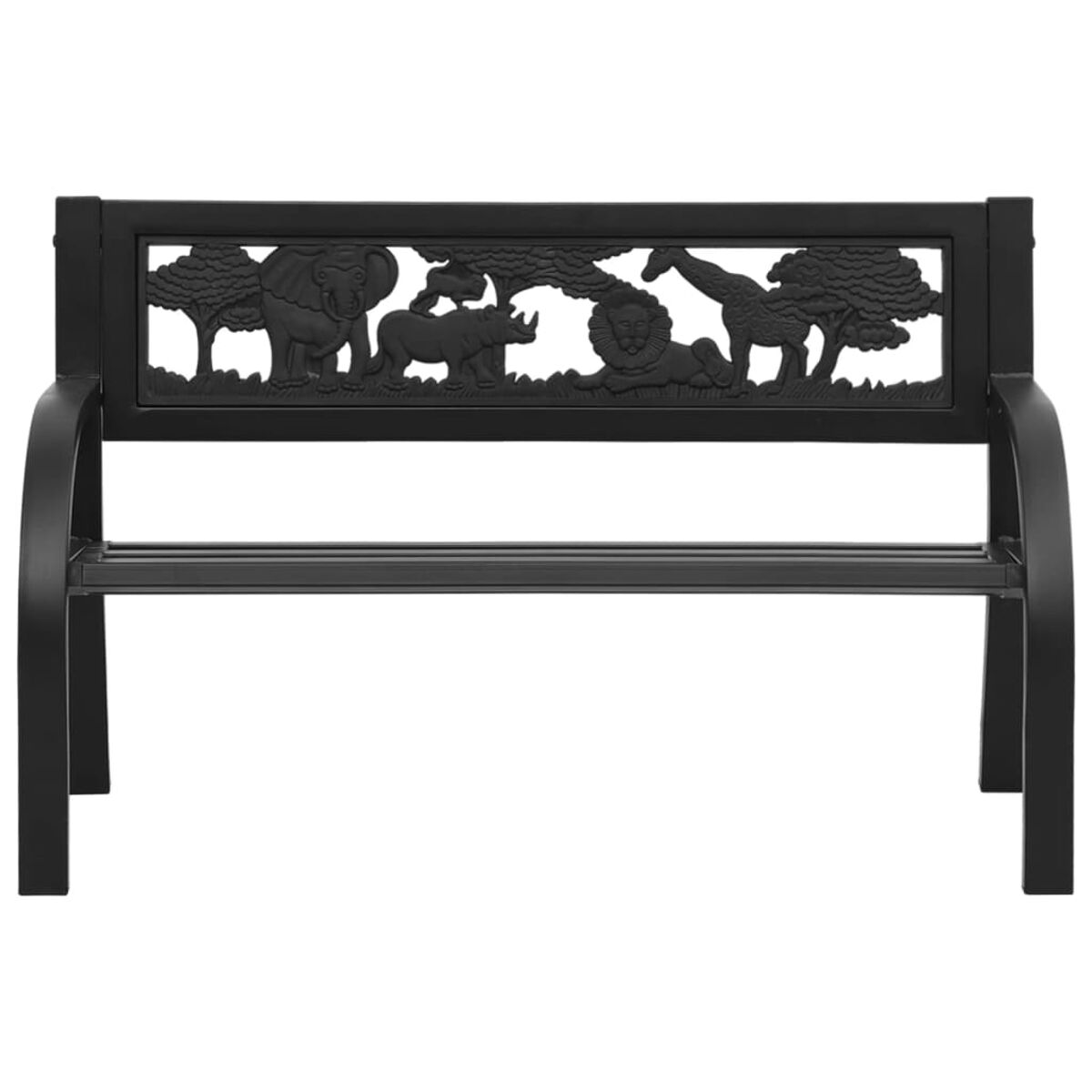 Schwarze Bank mit Tiergravuren. Elefant, Nashorn, Löwe und Giraffe.