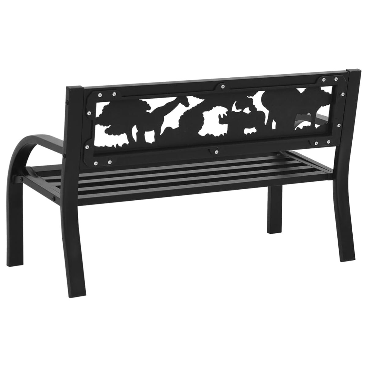 Schwarze Metallparkbank mit Tiersilhouetten auf der Rückenlehne.