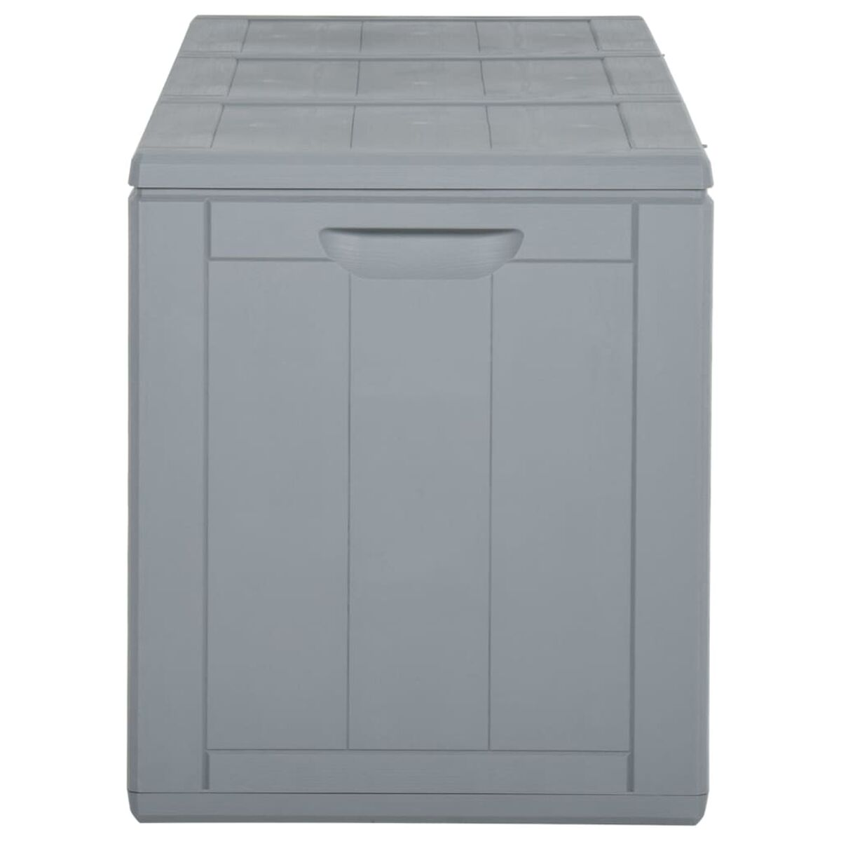 Graue Aufbewahrungsbox mit Deckel auf weißem Hintergrund, mit Griff.