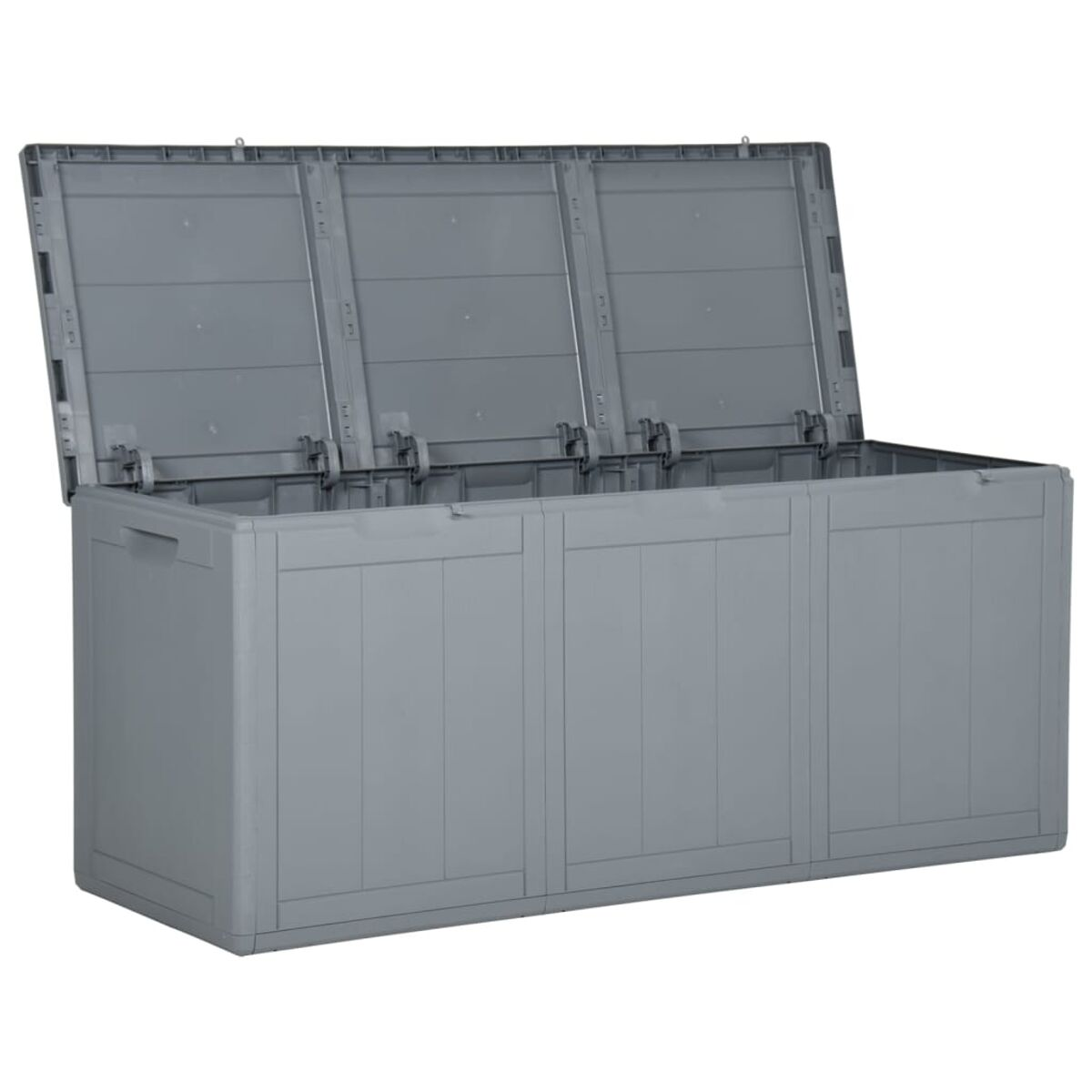 Eine große graue Kunststoff-Aufbewahrungsbox mit drei Scharnierdeckeln, geöffnet, um das Innere zu zeigen.