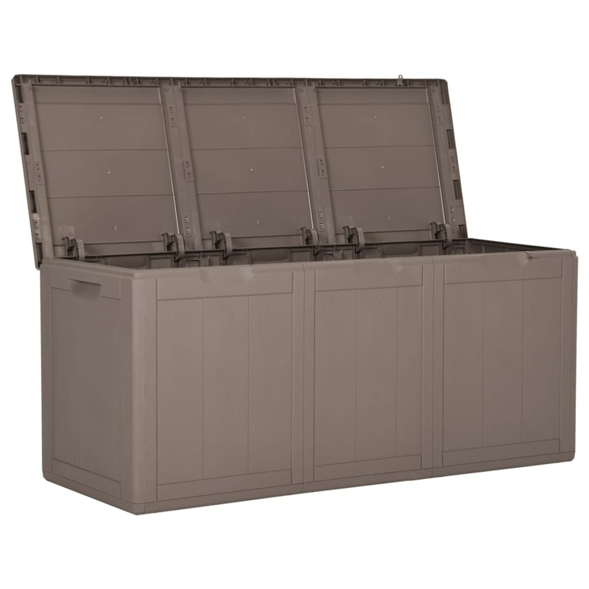 Eine geschlossene, braune Aufbewahrungsbox mit drei Türen und einem Griff auf weißem Hintergrund.
