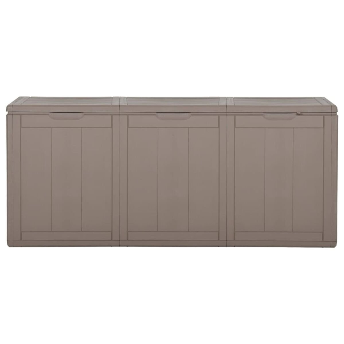Eine braune Outdoor-Aufbewahrungsbox mit drei Fächern vor weißem Hintergrund.