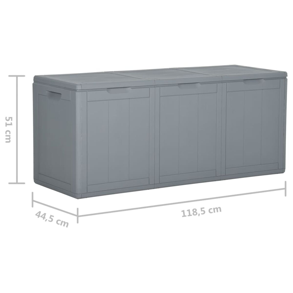 Graue Kunststoff-Aufbewahrungsbox mit Größenangaben. Die Box ist rechteckig und hat drei Türen.