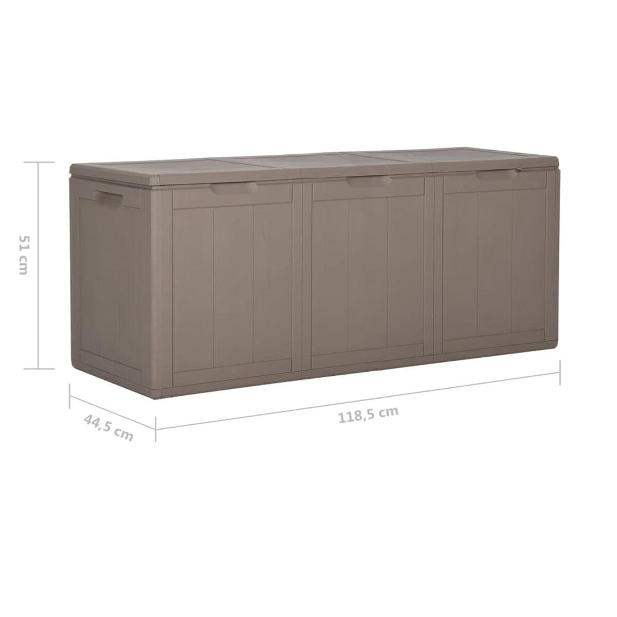 Eine große, braune Aufbewahrungsbox mit den Maßen: 118,5 cm lang, 51 cm hoch, 44,5 cm breit.