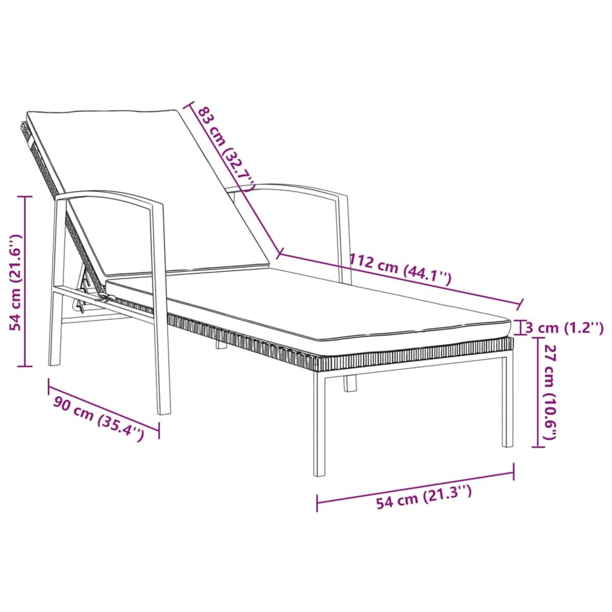 Eine weiße Outdoor-Chaiselongue mit in Zentimetern angegebenen Abmessungen.