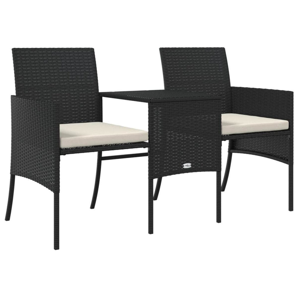 Due sedie in vimini nero con un tavolino tra loro. Cuscini beige e struttura nera.