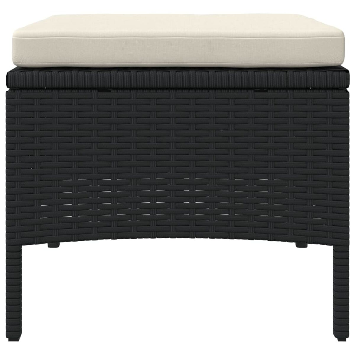 Un pouf intrecciato nero e crema su sfondo bianco. La parte superiore è color crema e la base è nera.