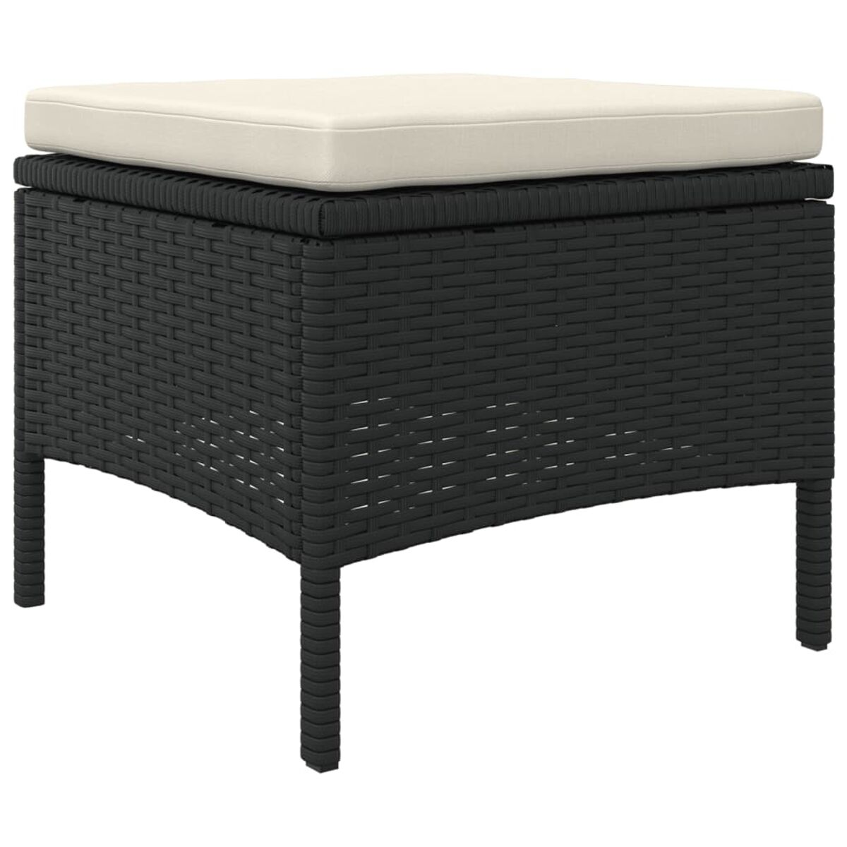 Pouf in vimini nero con cuscino color crema. Forma quadrata, gambe nere.