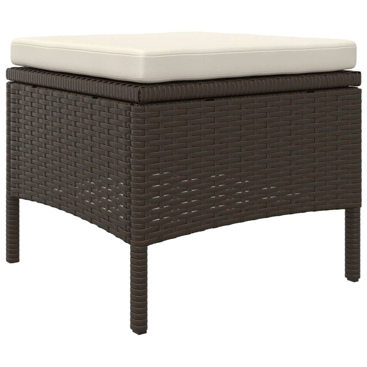 Un pouf in rattan marrone con cuscino bianco è mostrato.
