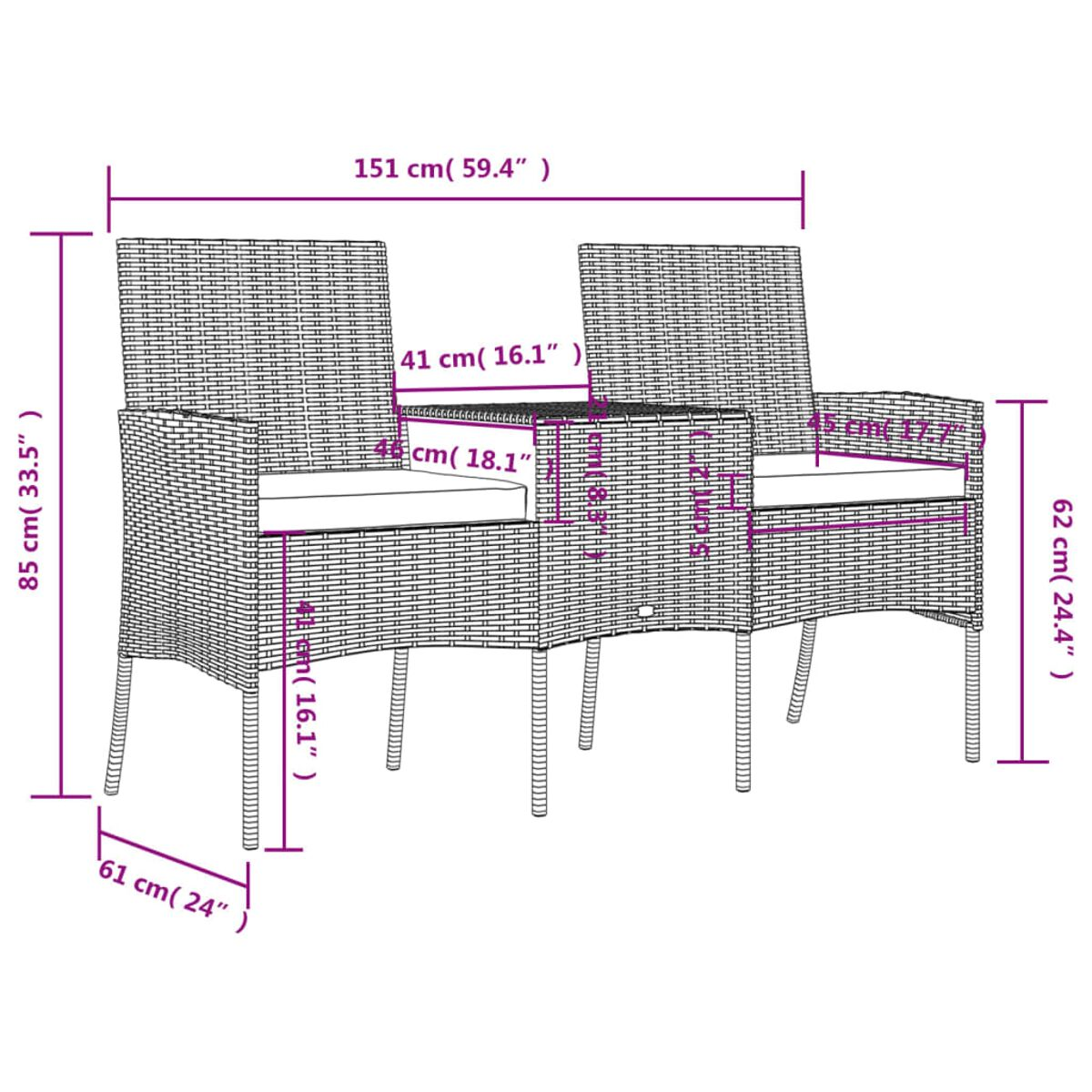 Rattan-Outdoormöbel-Set, zwei Stühle und ein Tisch, mit Maßangaben.