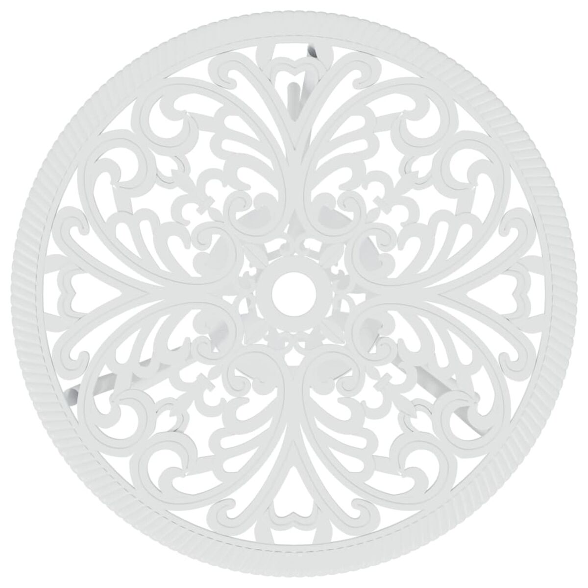 Weißer runder Tisch mit kunstvollem Design. Draufsicht.