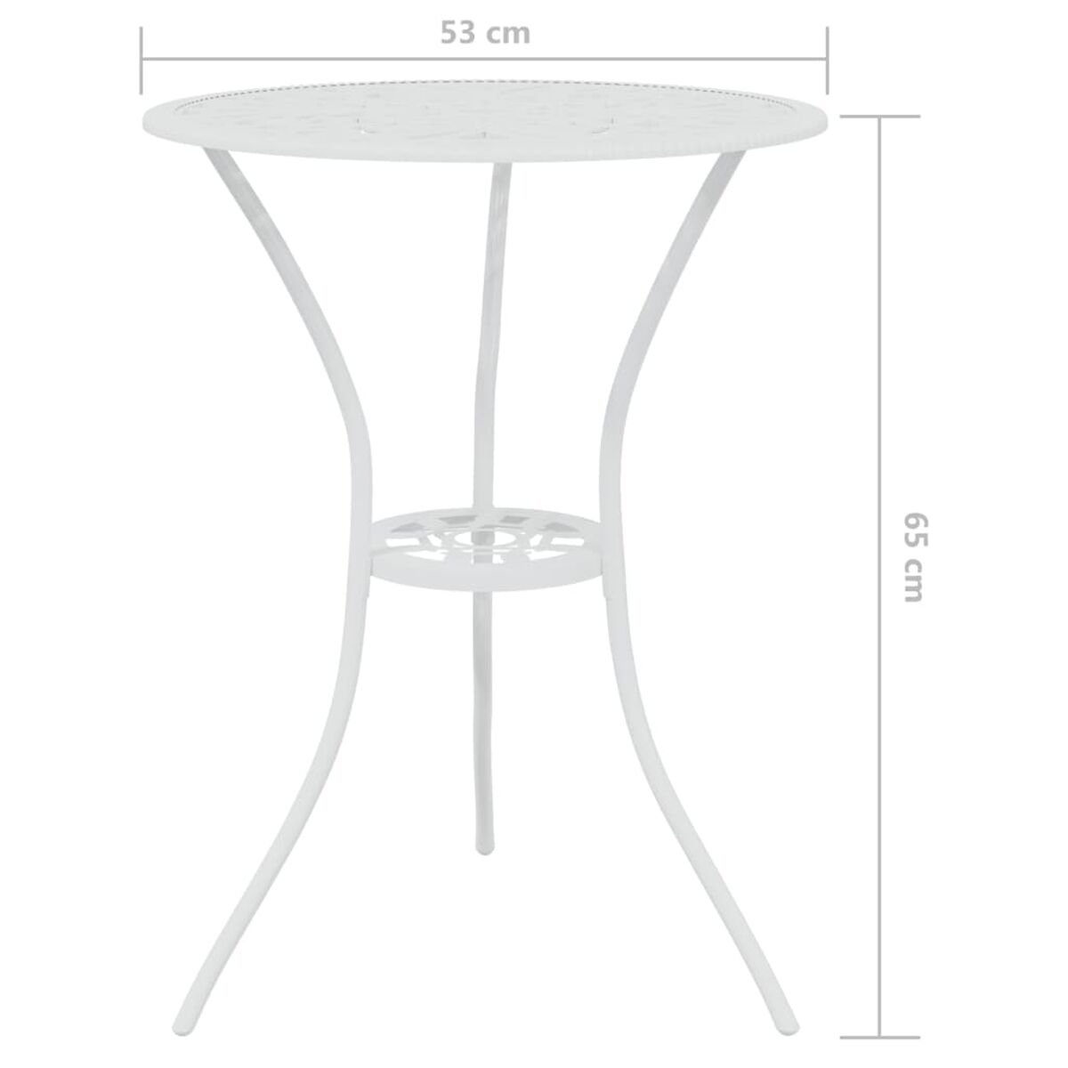 Weißer Metall-Bistrotisch. Runde Platte, gebogene Beine. Abmessungen angezeigt.