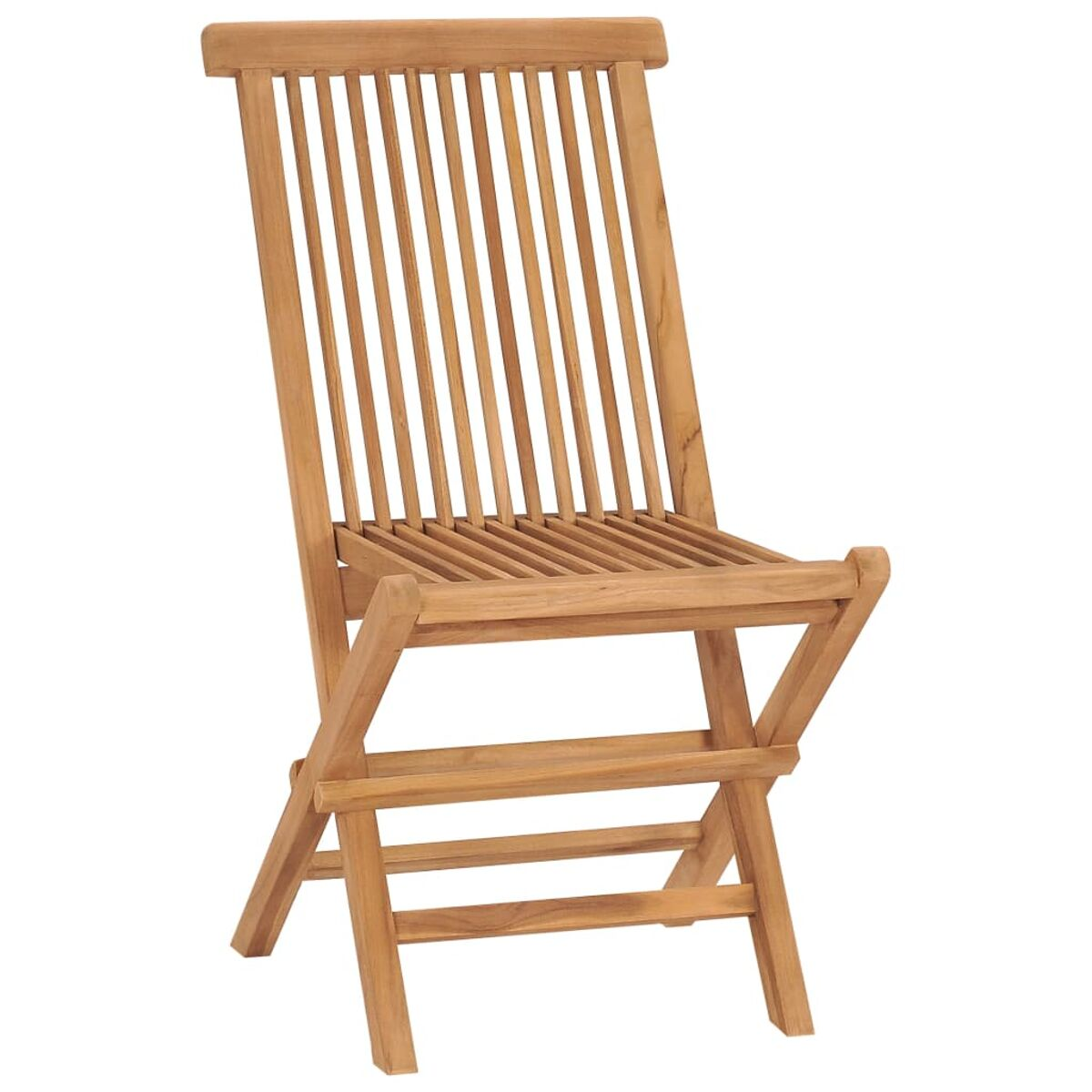 Klappstuhl aus Holz. Lattenrücken und -sitz, abgewinkelte Beine. Hellbraune Farbe.