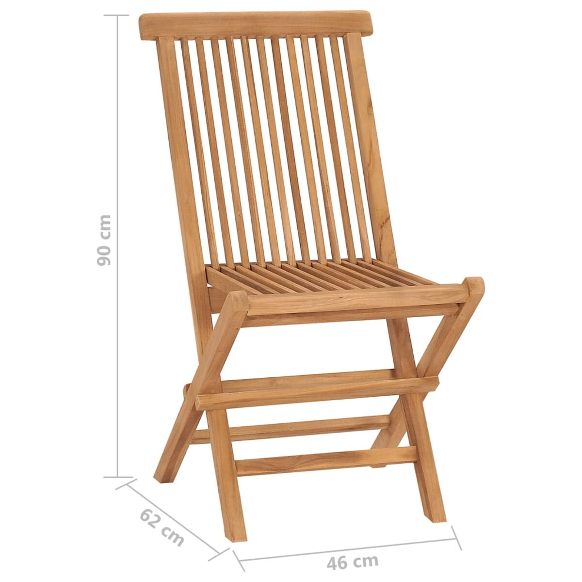Ein Holzklappstuhl mit beschrifteten Abmessungen. Er steht vor weißem Hintergrund.
