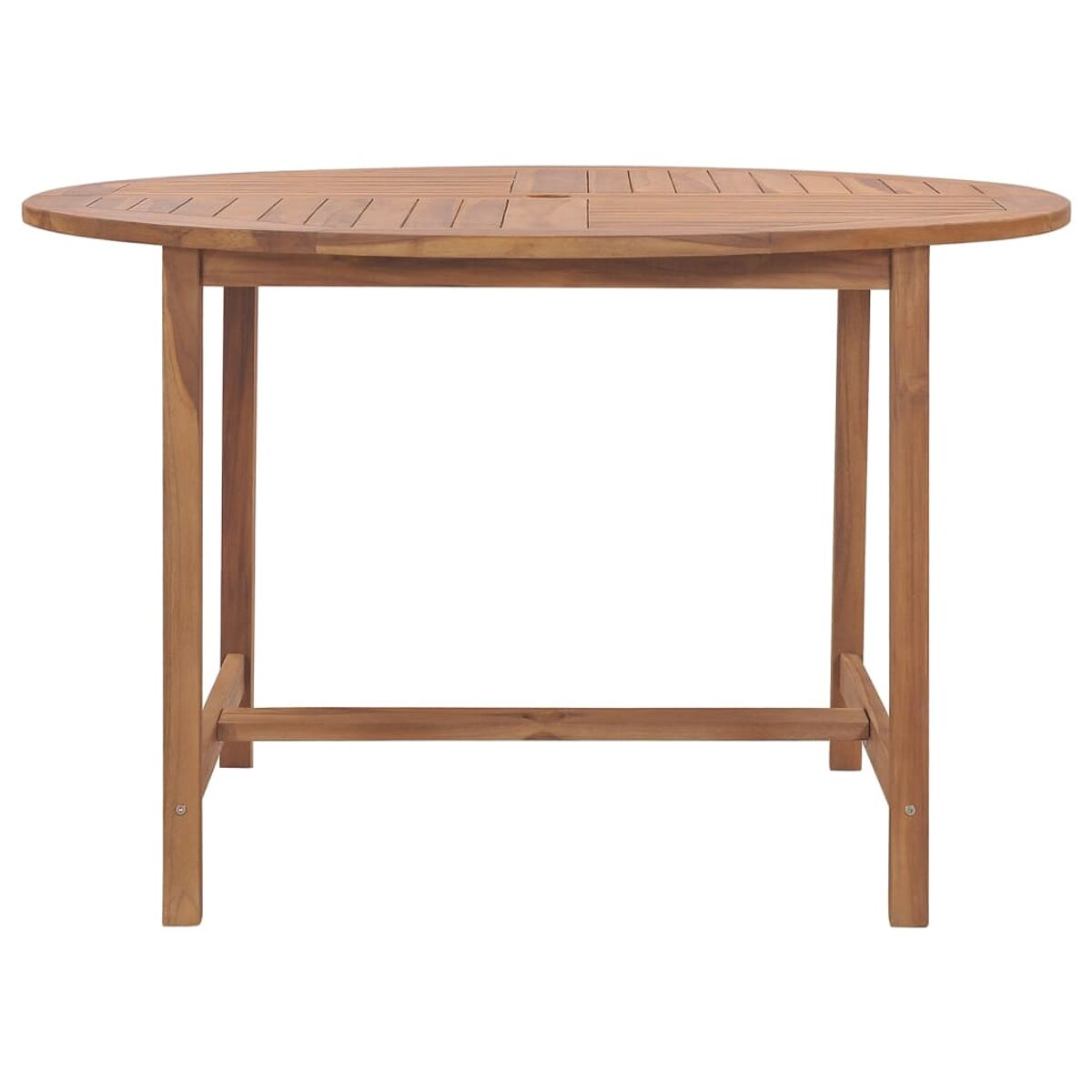 Runder Holztisch mit rechteckigem Untergestell.
