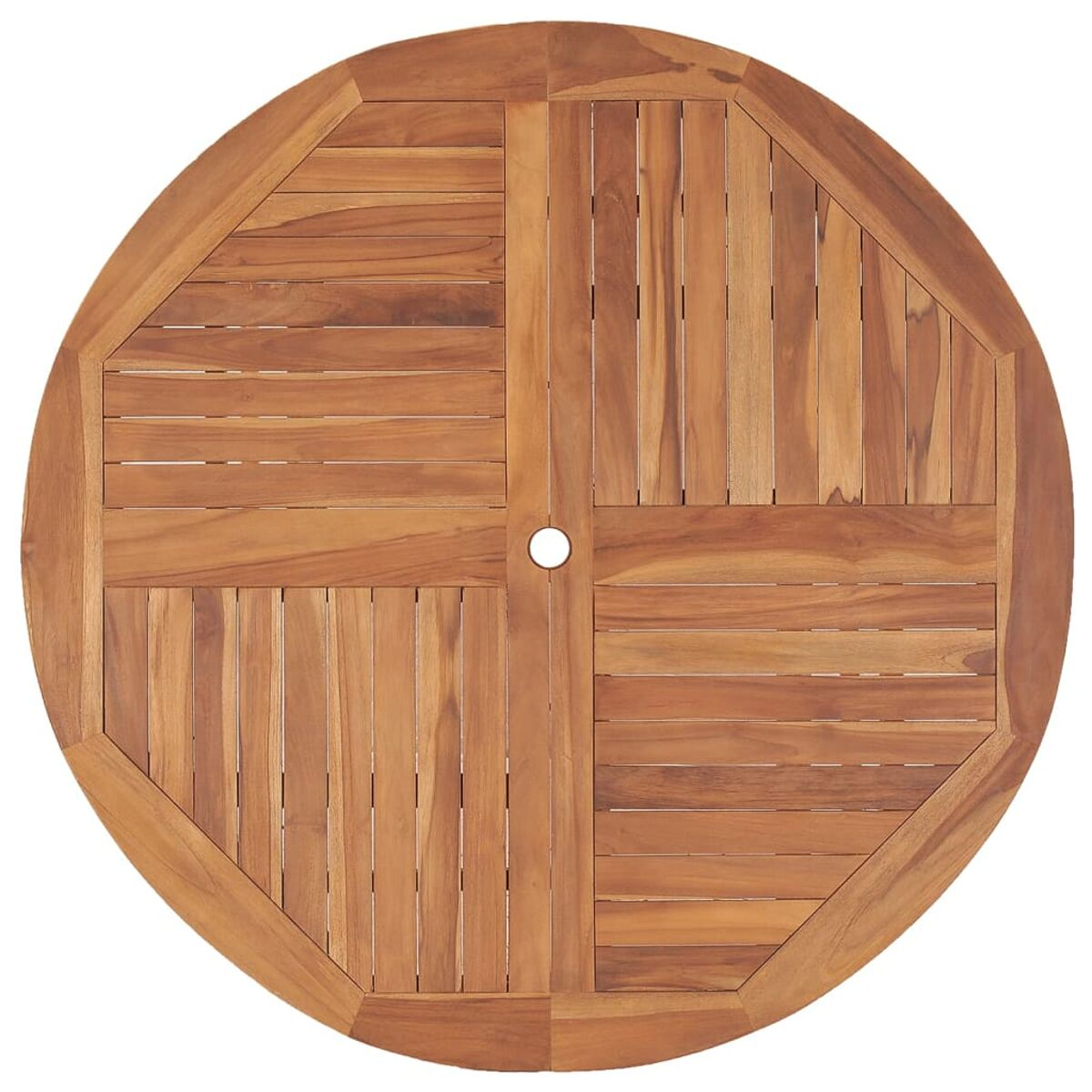 Eine runde Holztischplatte mit einem geometrischen Muster aus Holzbrettern.