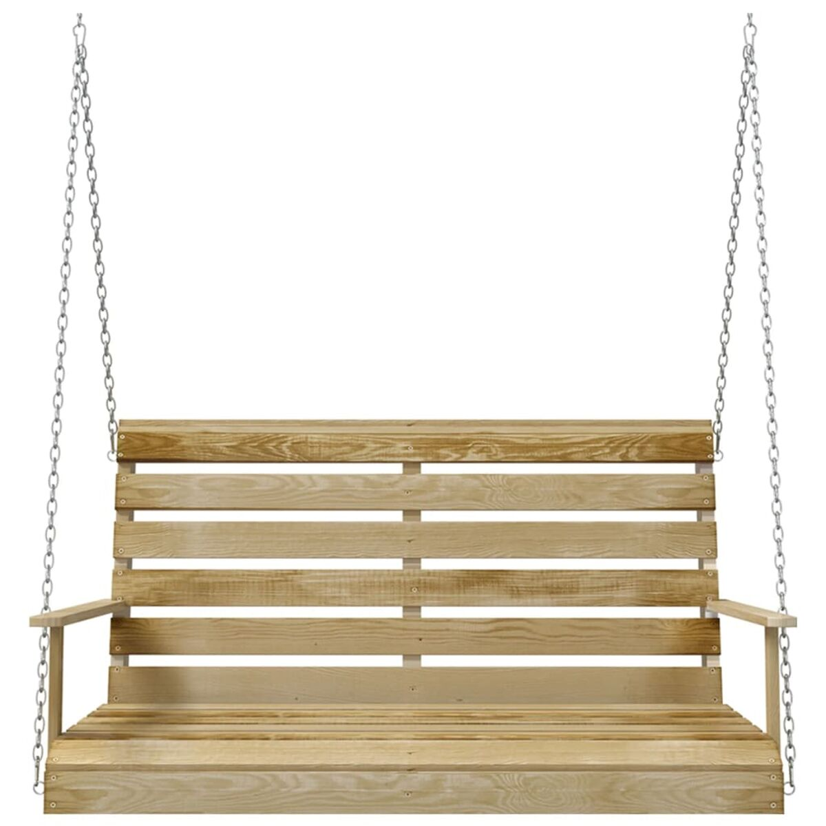Holzschaukelbank mit Lattenrost und Rückenlehne, an Ketten hängend. Die Bank ist leer, weißer Hintergrund.
