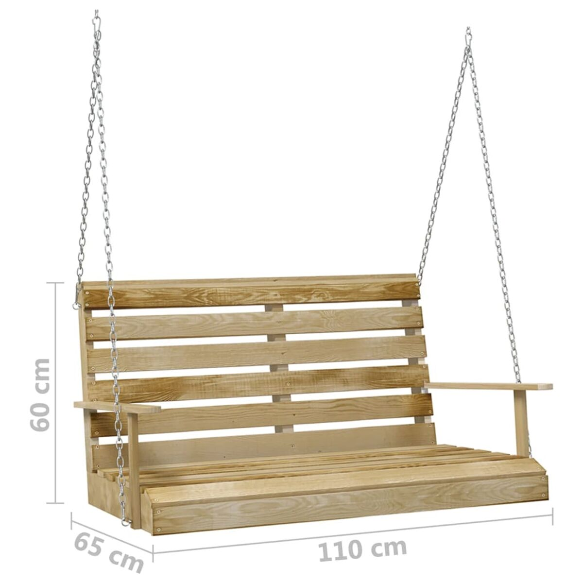 Holzschaukel mit Ketten. Sie hat einen Lattenrost und eine Rückenlehne mit Armlehnen.