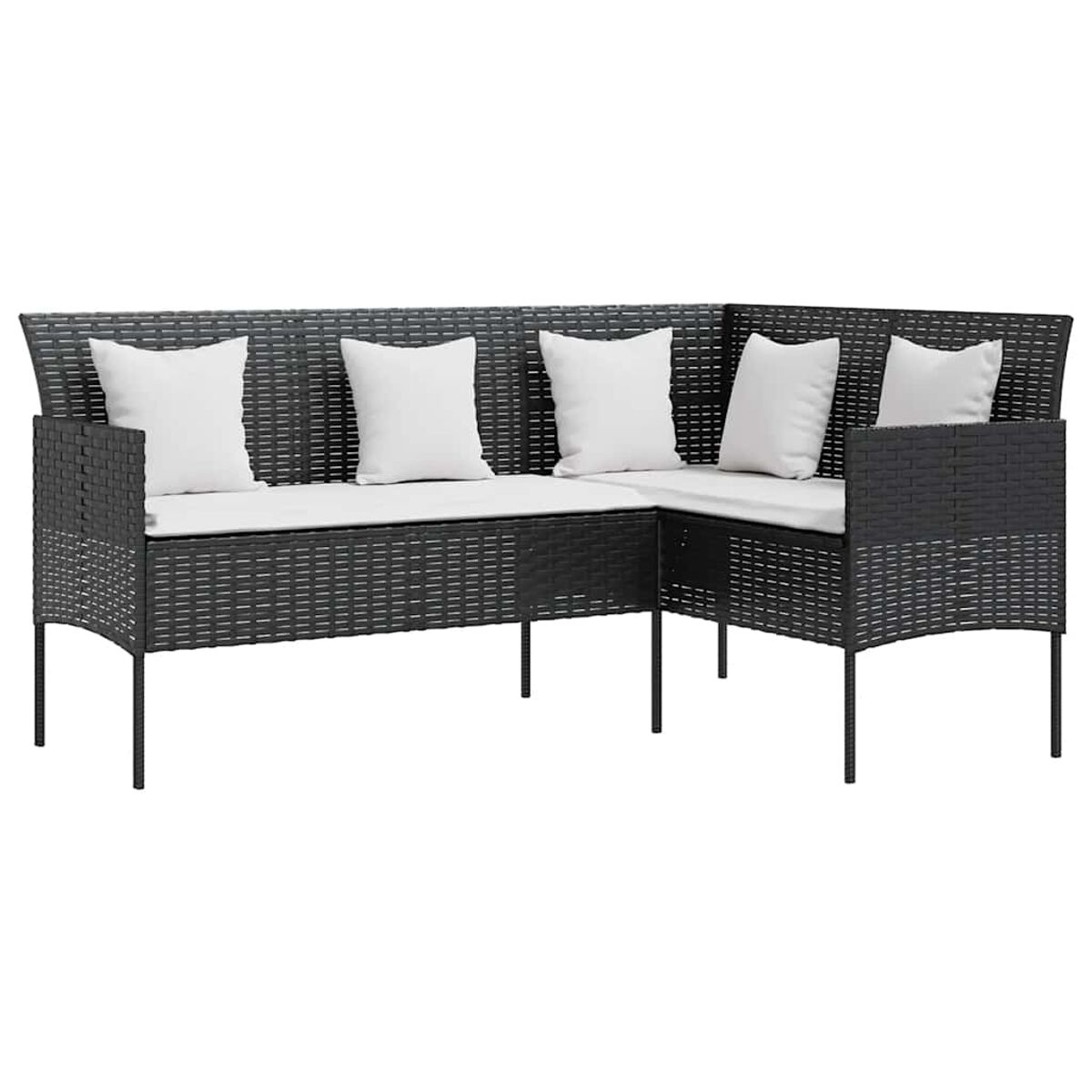 Ein schwarzes Ecksofa aus Korbgeflecht mit weißen Kissen auf weißem Hintergrund.