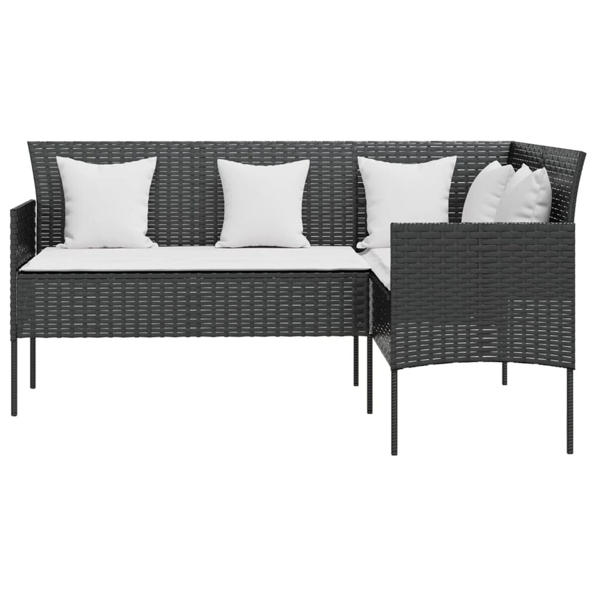 Dunkelgraues L-förmiges Outdoor-Sofa aus Korbgeflecht mit weißen Kissen.