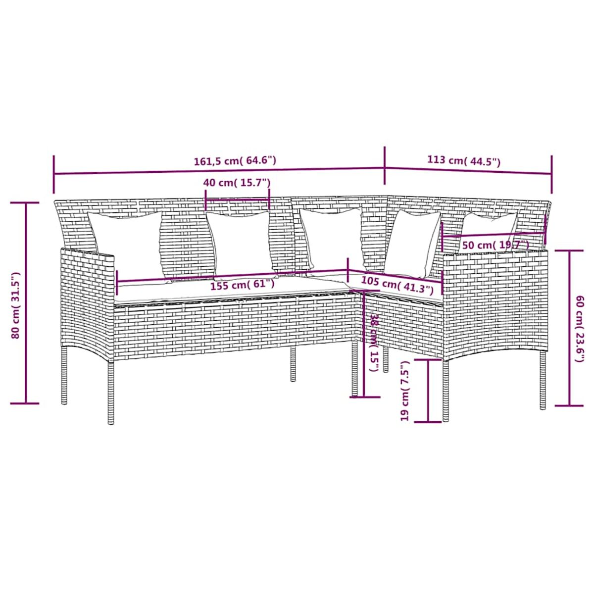 Ein Ecksofa aus Rattan mit Maßen. Es hat Kissen und ist 155 cm lang.