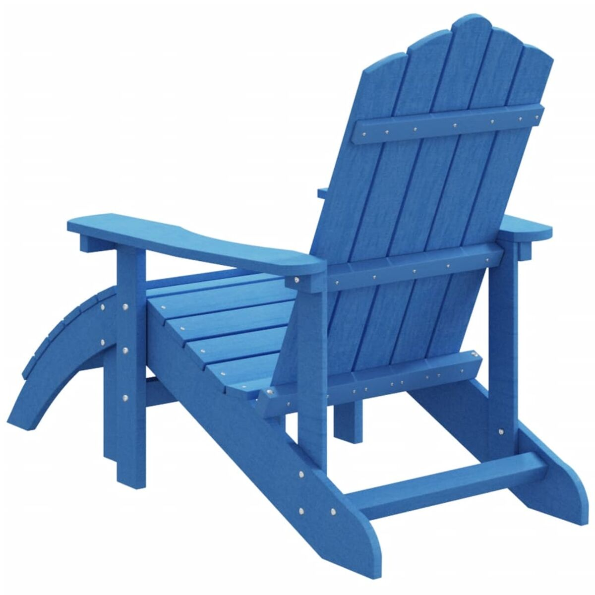 Blauer Adirondack-Stuhl von hinten vor weißem Hintergrund, mit Lamellendesign.