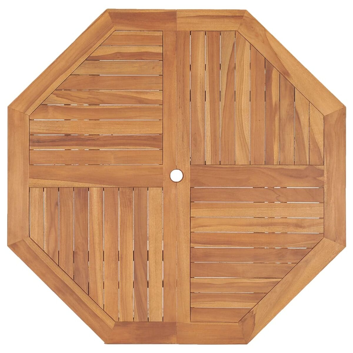 Achteckige Tischplatte aus Holz. Der Tisch besteht aus Holzlatten. In der Mitte befindet sich ein Loch.