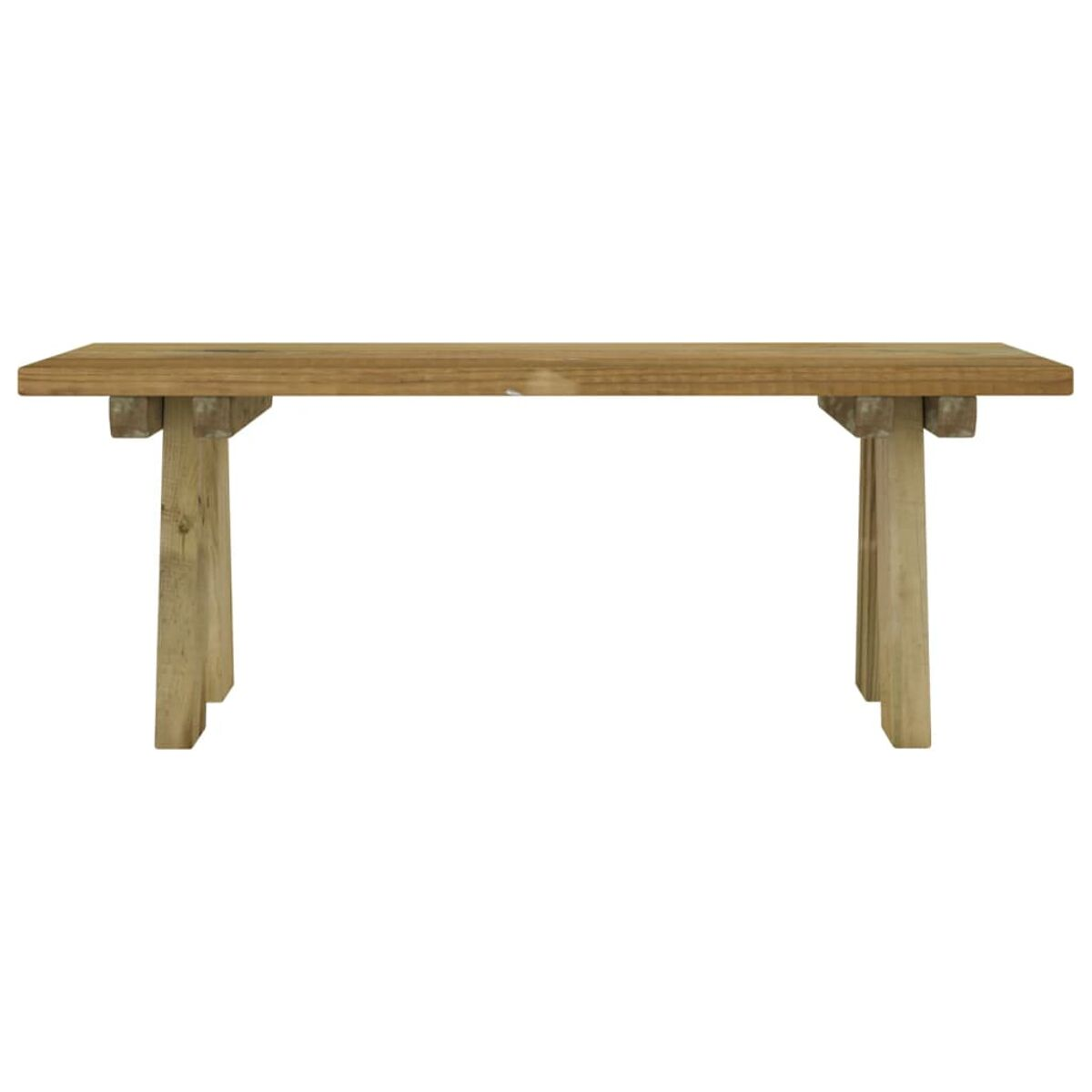 Holzbank mit hellbrauner Farbe. Zwei Beine auf jeder Seite. Weißer Hintergrund.