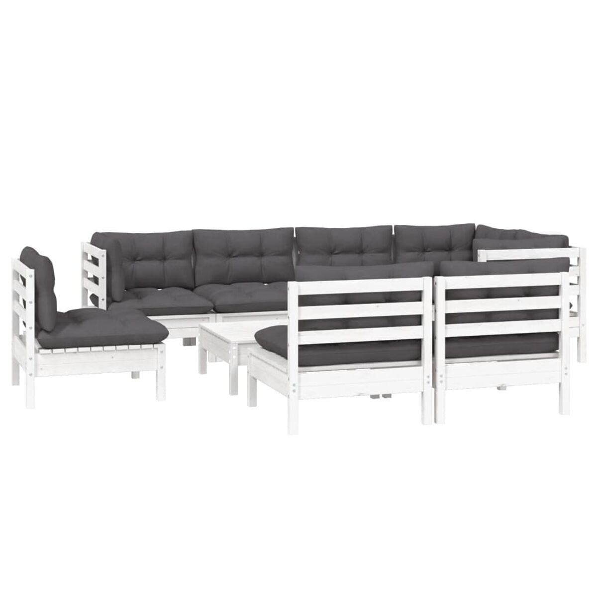 Weißes Holz-Gartenmöbelset mit grauen Kissen. Enthält Sofa, Stühle und einen Tisch.