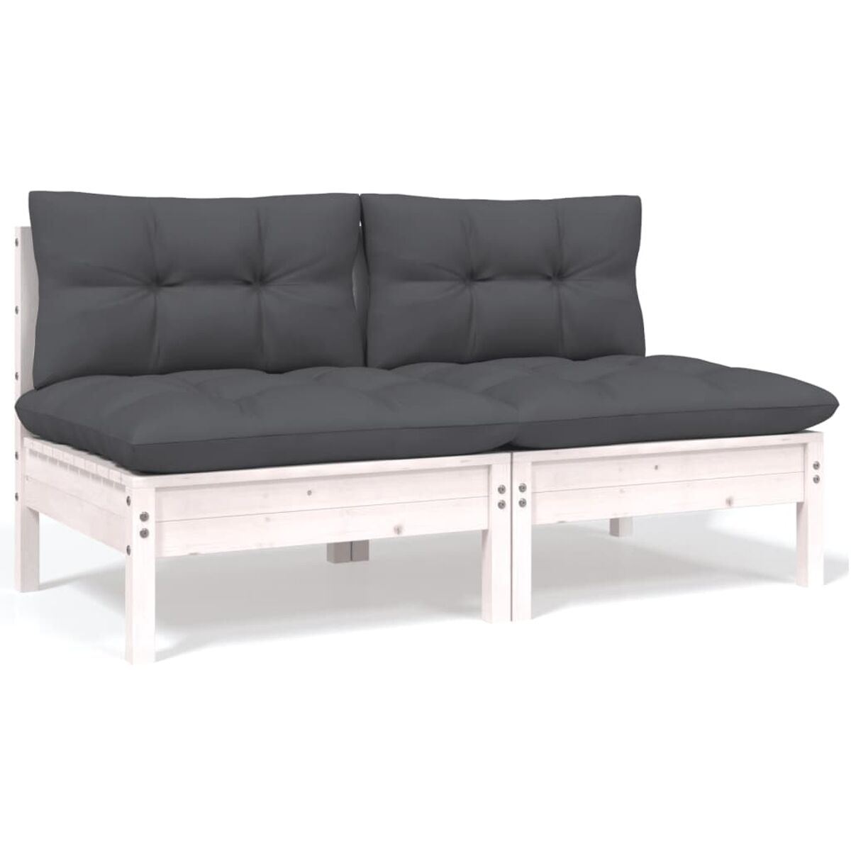 Zweisitziges weißes Holzsofa mit schwarzen Kissen, weißer Hintergrund.