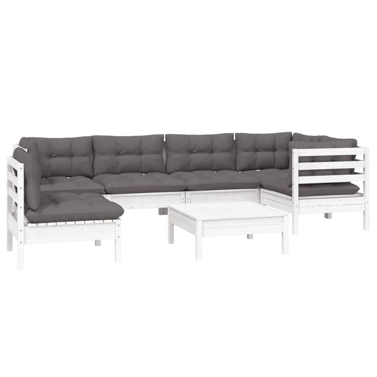 Ein weißes Outdoor-Ecksofa-Set aus Holz mit grauen Kissen und einem weißen Couchtisch.