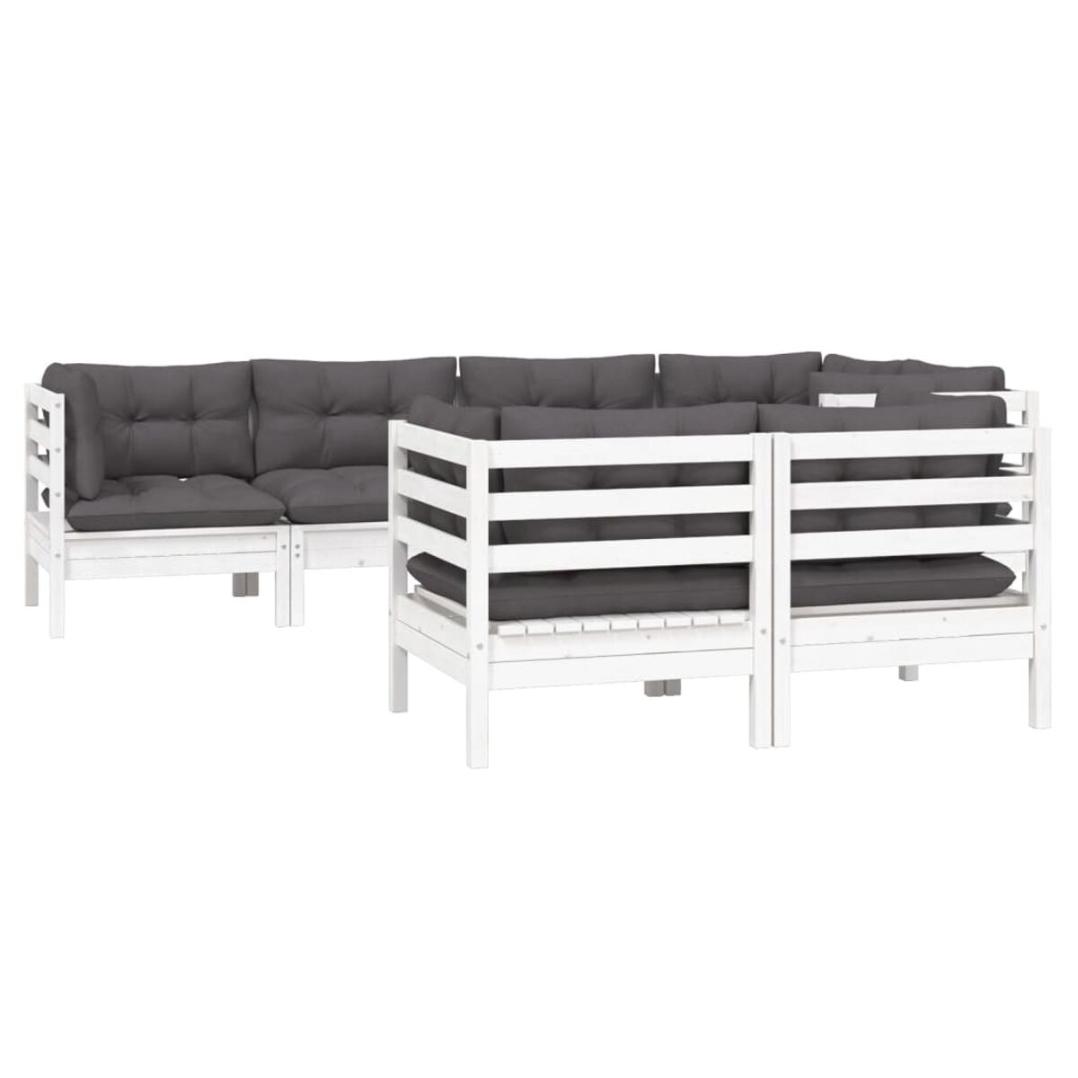 Weißes Outdoor-Ecksofa mit grauen Kissen. Das Set enthält mehrere Sitzbereiche.